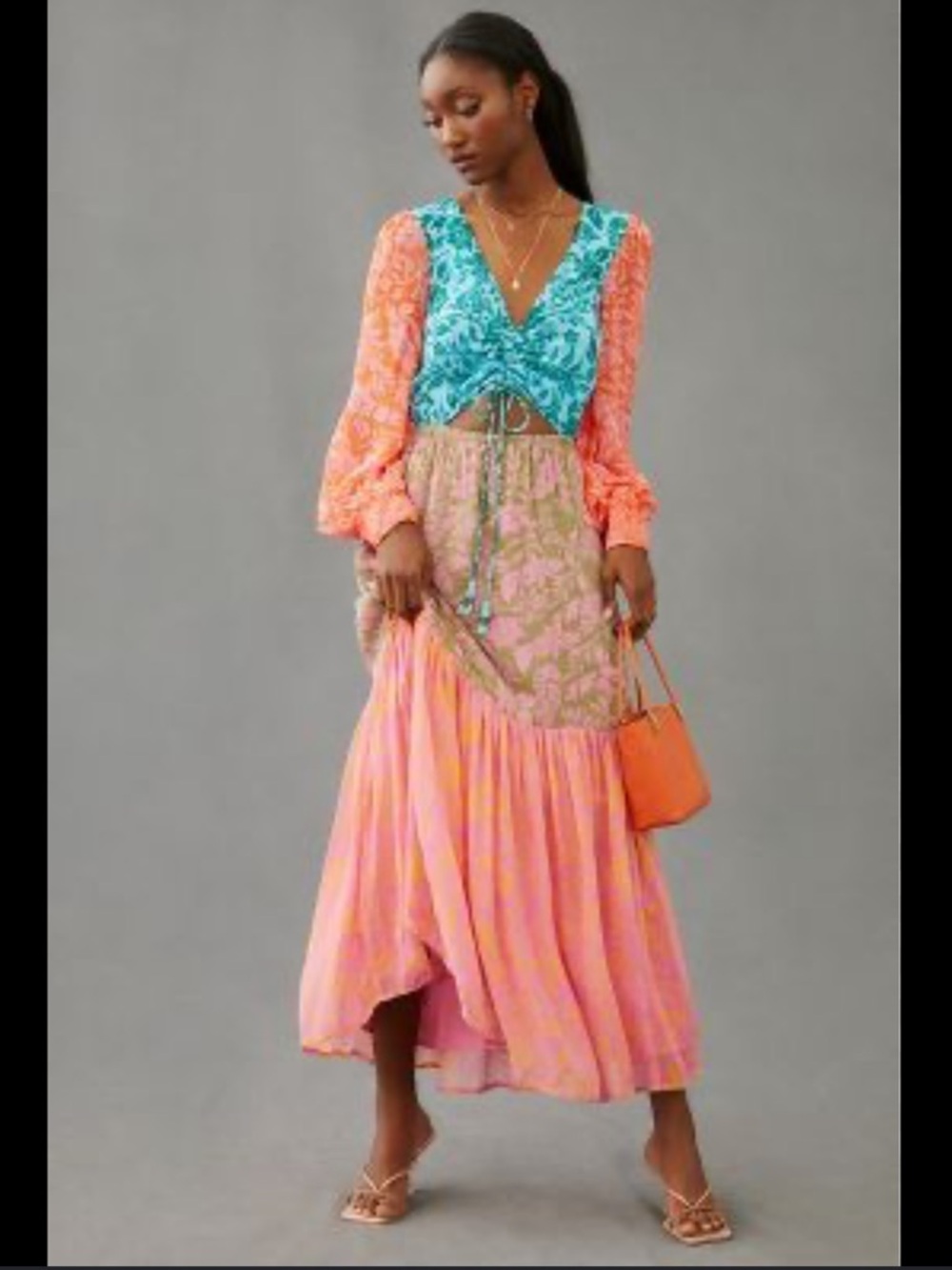 Anthropologie Pink Coral and Teal Cut Out Maxi Dress